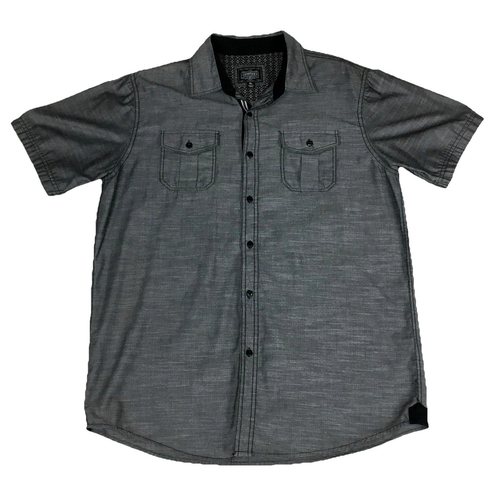 Company 81 Mens XL Gray Herringbone Short Sleeve Button Down‎ Shirt Dual Pockets